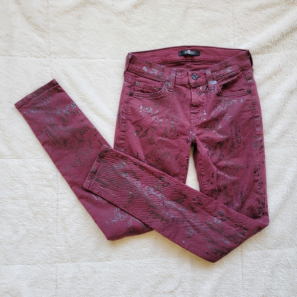7 For All Mankind Denim - 7 For All Mankind Maroon Patterned Low Rise Skinny Jeans